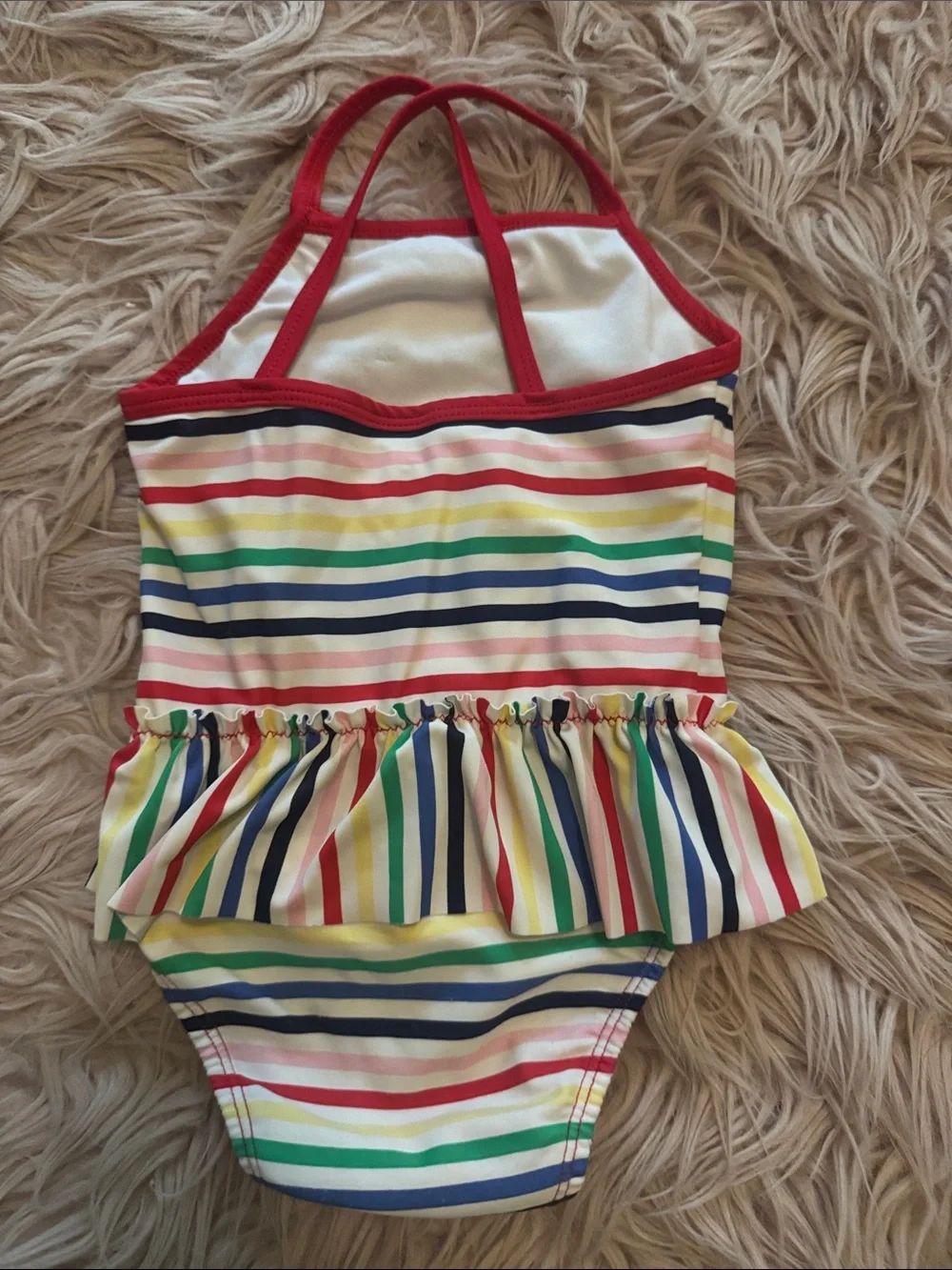 Kids Rainbow Stripe One-Piece Swimsuit - Red Trim with Heart Accent